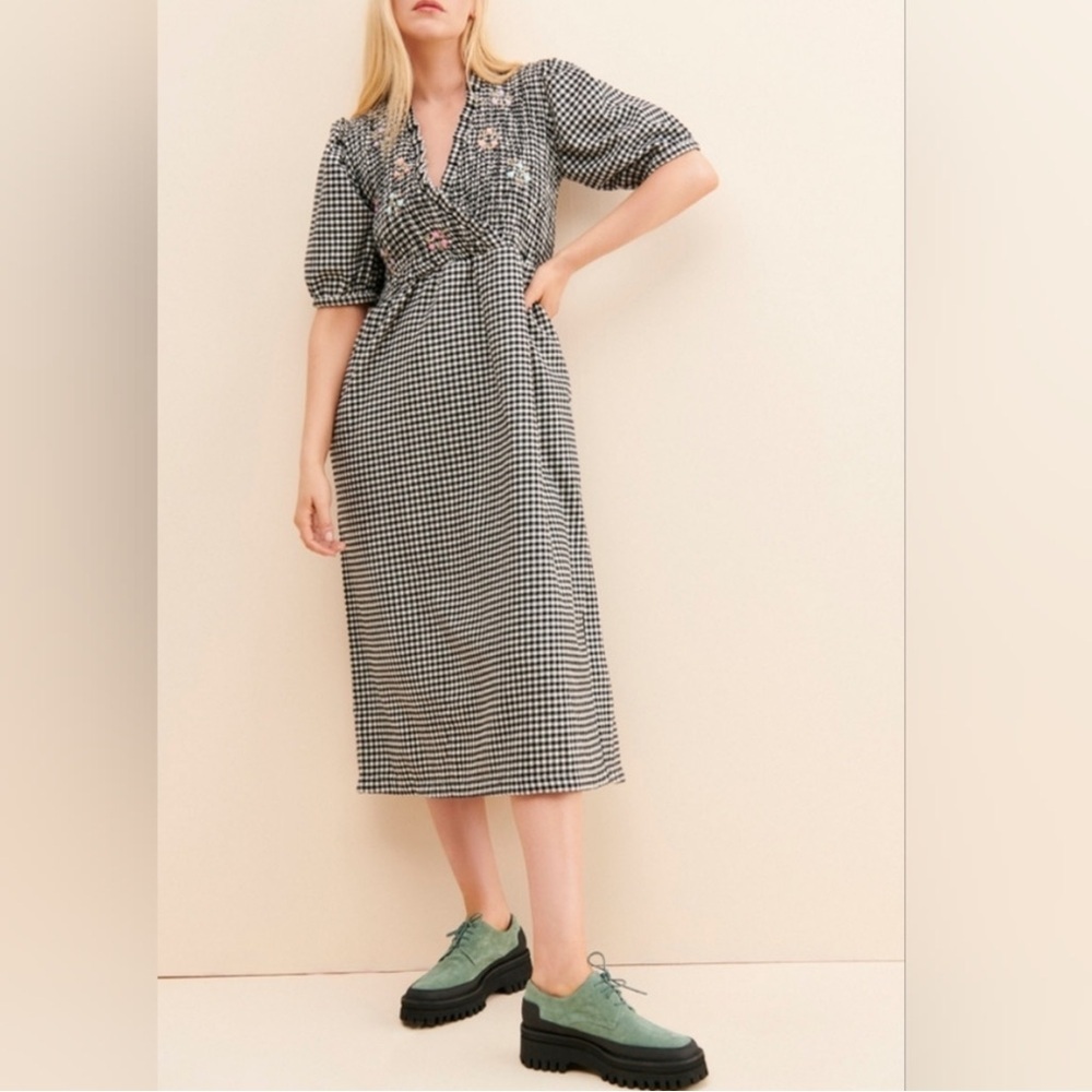 Tach Adela Black and White Gingham Embroidered Midi Smocked Dress Size M